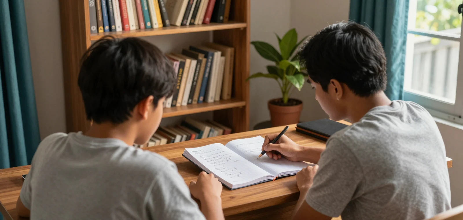 Guru privat mengajar murid di meja belajar rumah; foto stok ilustrasi